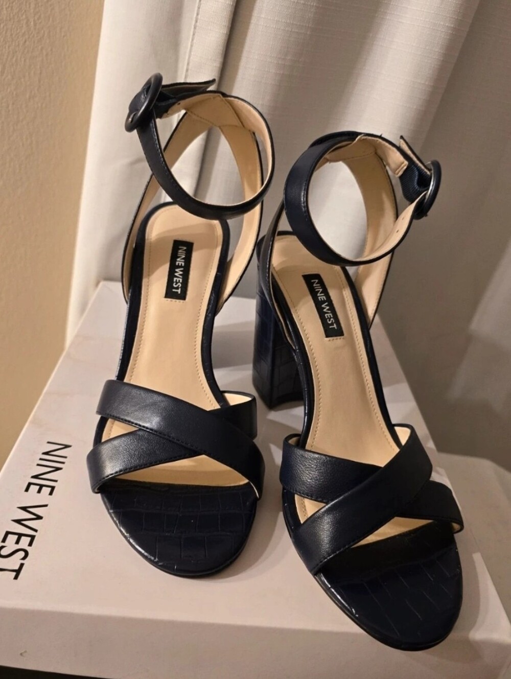 Nine West Navy Cross-Strap Block Heel Sandals